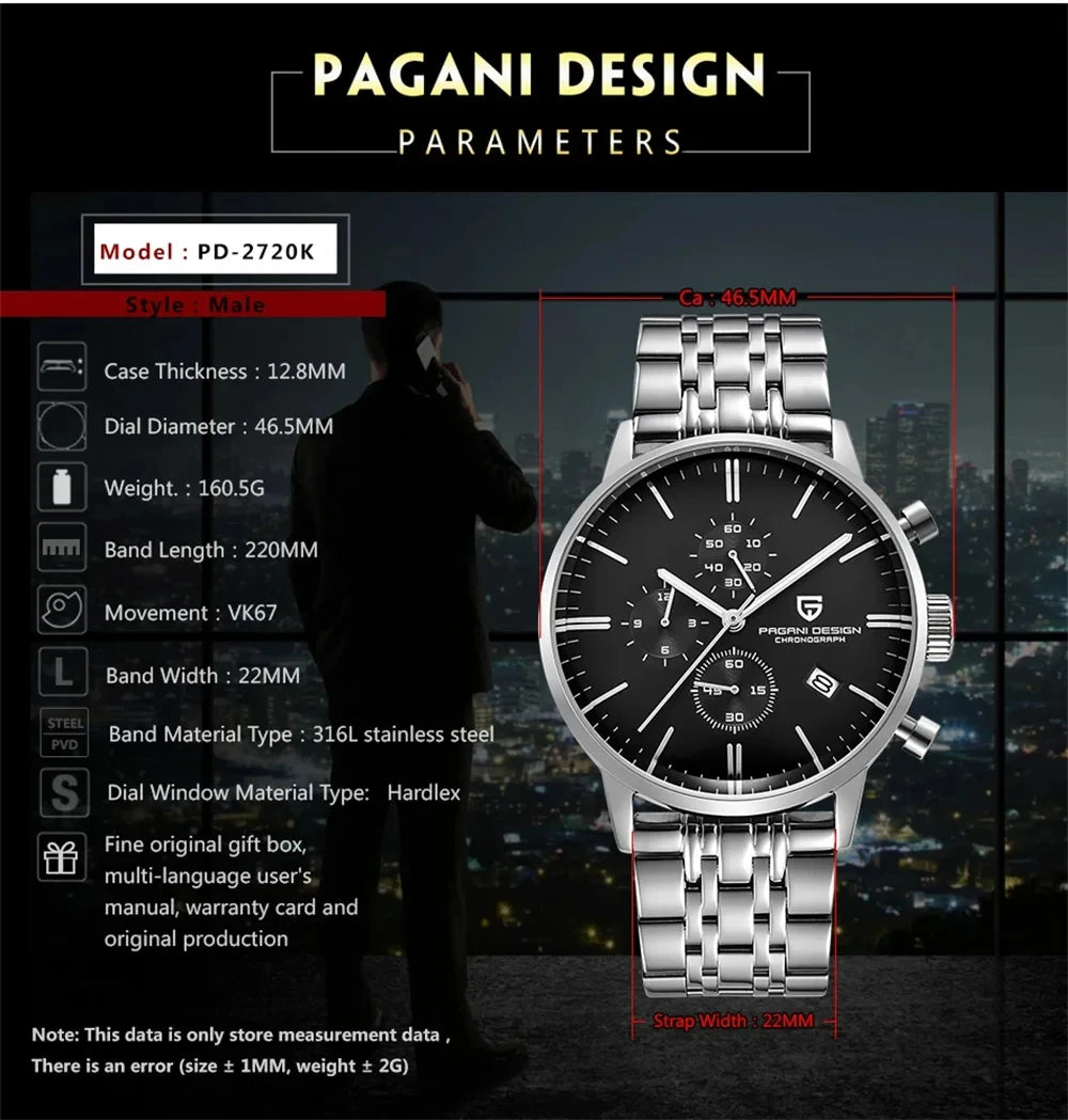 Pagani Design Fashion Luxury Men's Quartz Chronograph Watch Japan VK67 Movement Leather Strap Large Calendar PD-2720K reloj