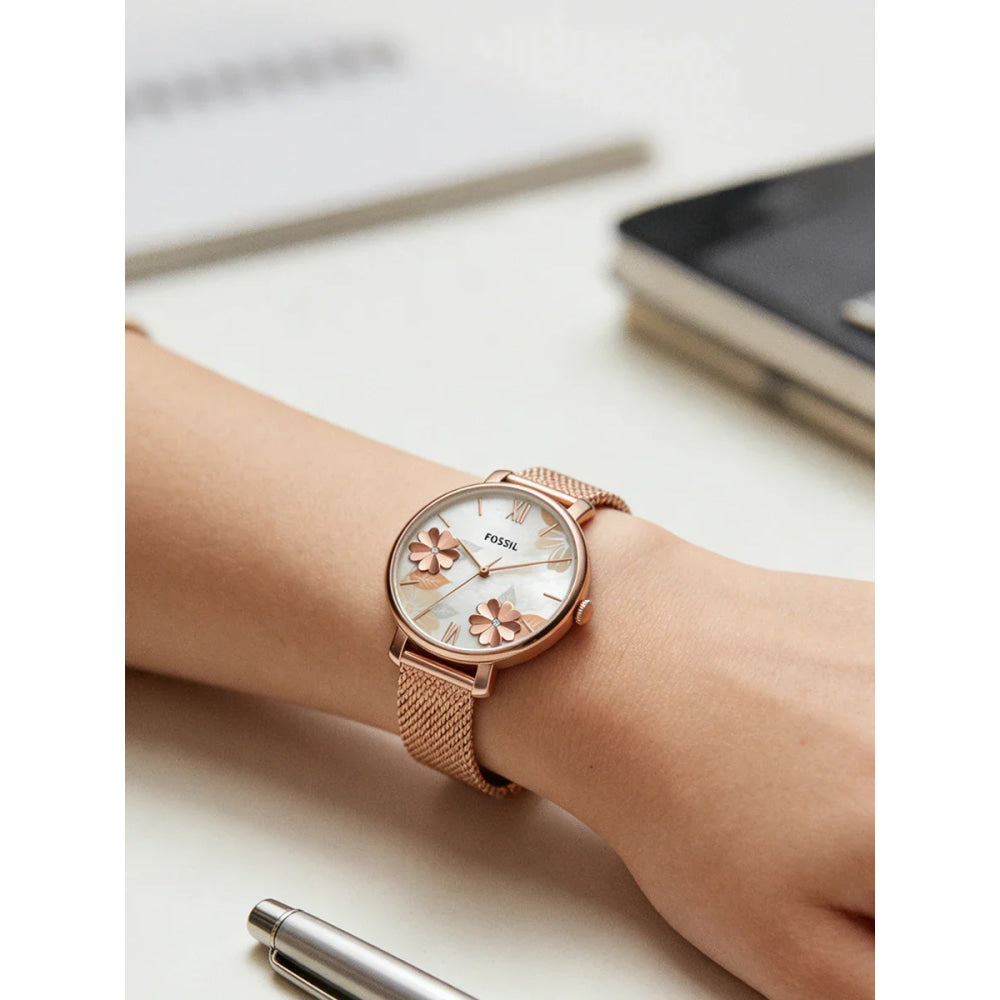 Fossil ES4534 Luxury Rose Gold Women Watches Stainless Steel Mesh Strap Quartz Wristwatch Mother of Pearl Clock Reloj Mujer