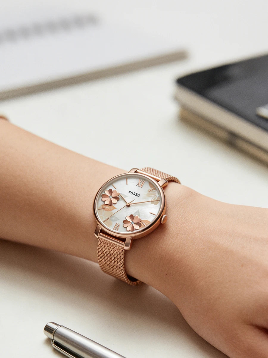 Fossil ES4534 Luxury Rose Gold Women Watches Stainless Steel Mesh Strap Quartz Wristwatch Mother of Pearl Clock Reloj Mujer