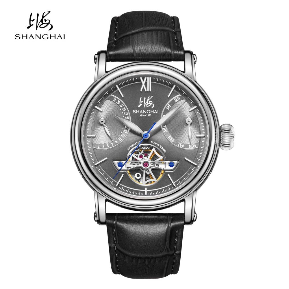 Shanghai Watch Skeletonized Flywheel Men's Mechanical Watch 42mm Automatic Watches Retrograde Calendar Sapphire Wristwatch S8924