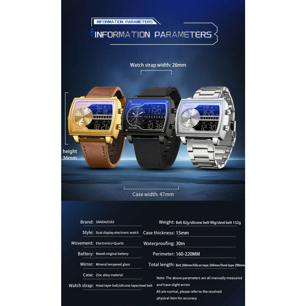 SANDA 6163 Fashion Trend Men's Quartz Watch Fashion Square Watch Countdown Sports Waterproof Dual Display Digital Men's Watches