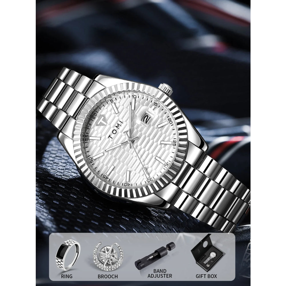 TOMI New Men's Watch Brooch Ring Gift Box Set Luxury Business Stainless Steel Strap Men's Calendar Casual Quartz Watch Reloj