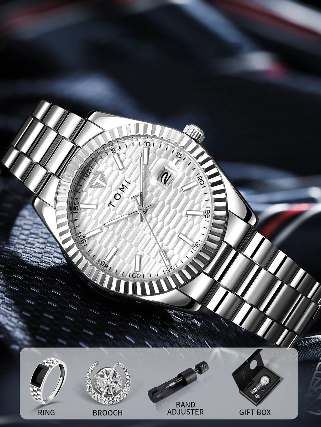TOMI New Men's Watch Brooch Ring Gift Box Set Luxury Business Stainless Steel Strap Men's Calendar Casual Quartz Watch Reloj