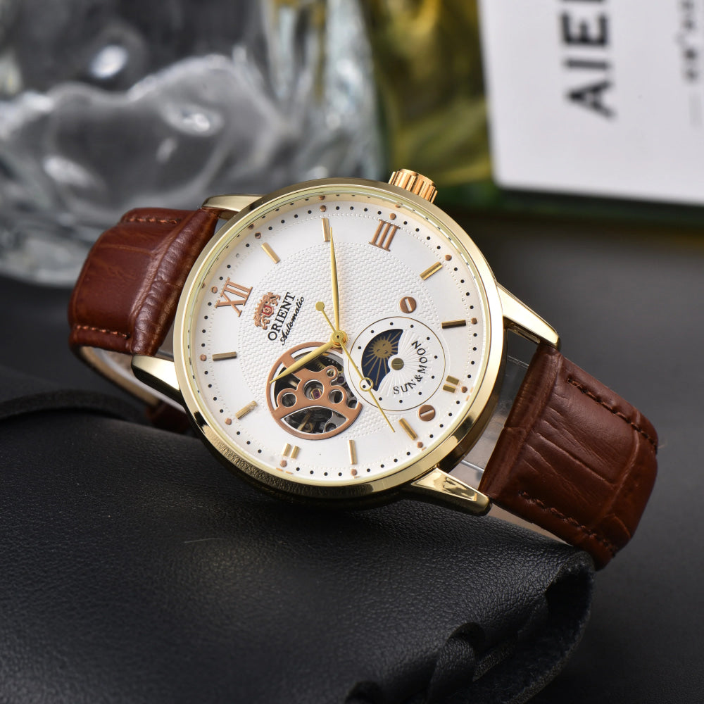 Orient Automatic Men's Watch Sun & Moon Phase Skeleton Dial Gold Case Black Leather Strap Mechanical Wristwatch