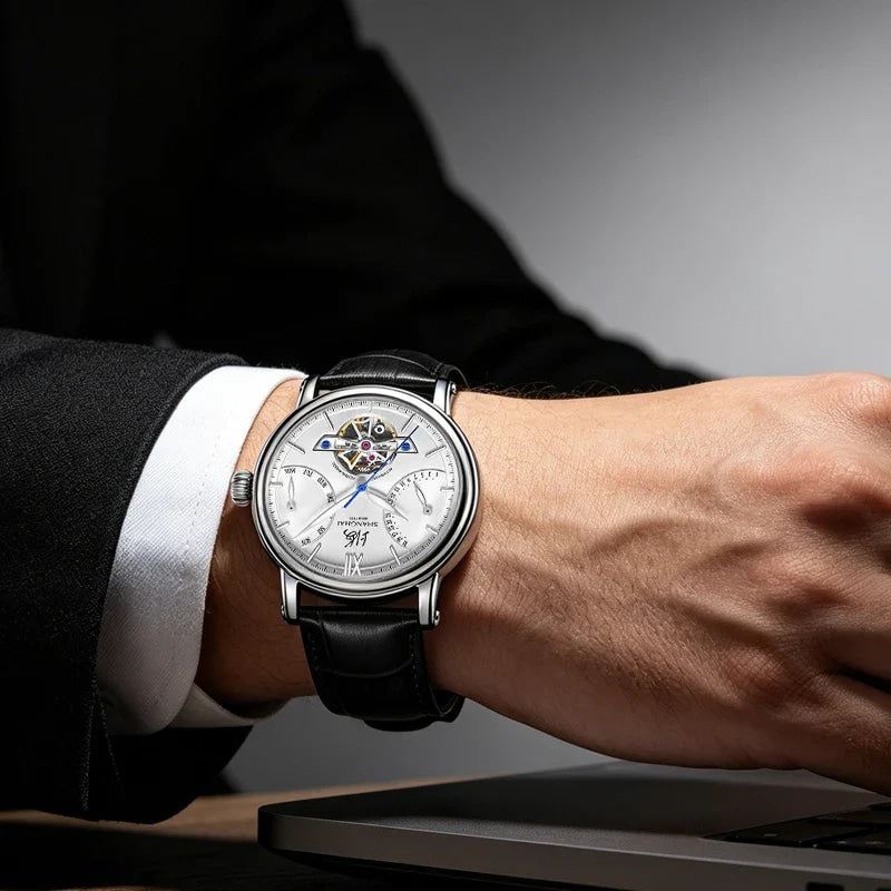Shanghai Watch Skeletonized Flywheel Men's Mechanical Watch 42mm Automatic Watches Retrograde Calendar Sapphire Wristwatch S8924