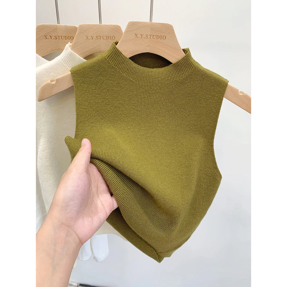 Camiseta sin mangas de punto para mujer, suéter ajustado corto sin mangas, suéteres lisos para primavera y otoño, jerséis 2026