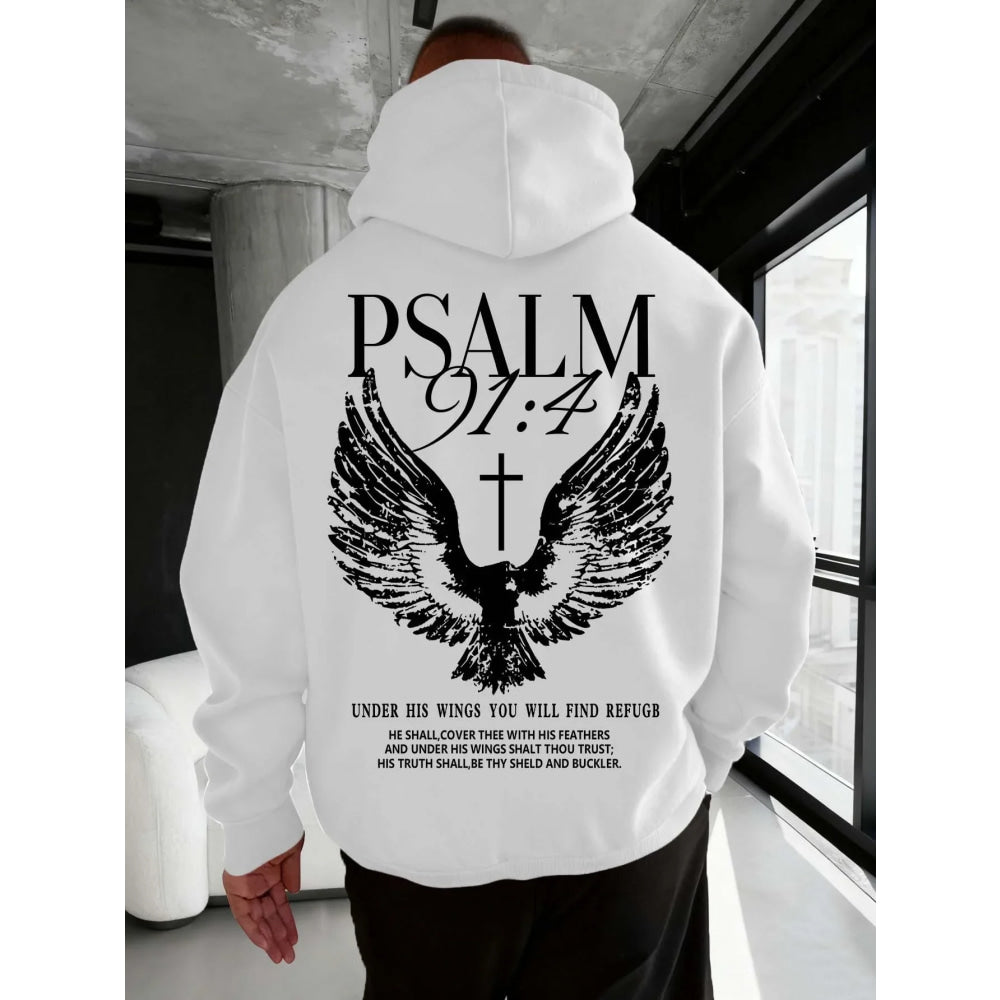 Christian Bible Verse Psalm 91:4 Print Men Women Hooded Sweatshirt Autumn Winter Outdoor Vacation Casual Loose Warm Sportswear