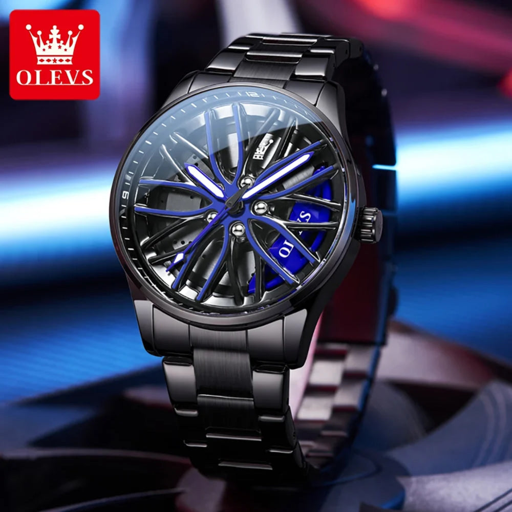 OLEVS Mens Watch Quartz Watch Original Rotatable Wheel Hub Dial Fashion Trend Waterproof Luminous Stainless Steel Reloj 9937