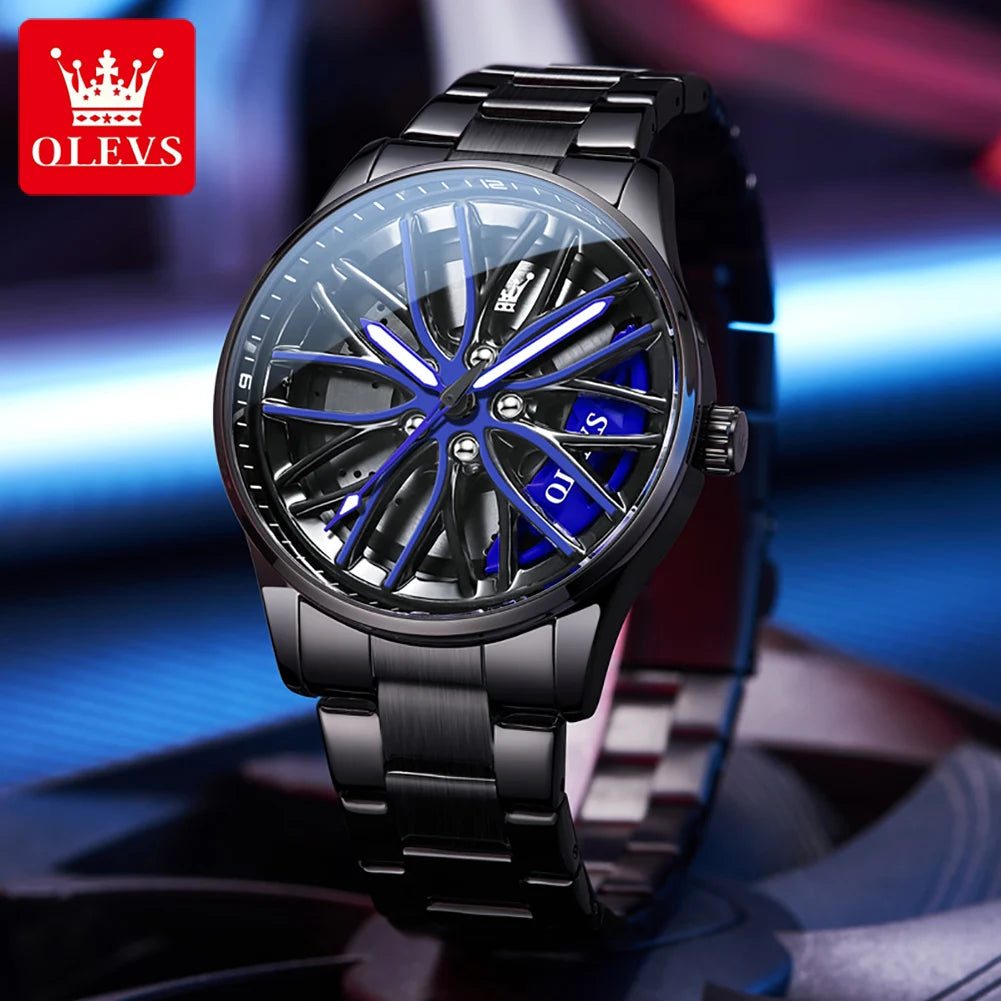 OLEVS Mens Watch Quartz Watch Original Rotatable Wheel Hub Dial Fashion Trend Waterproof Luminous Stainless Steel Reloj 9937