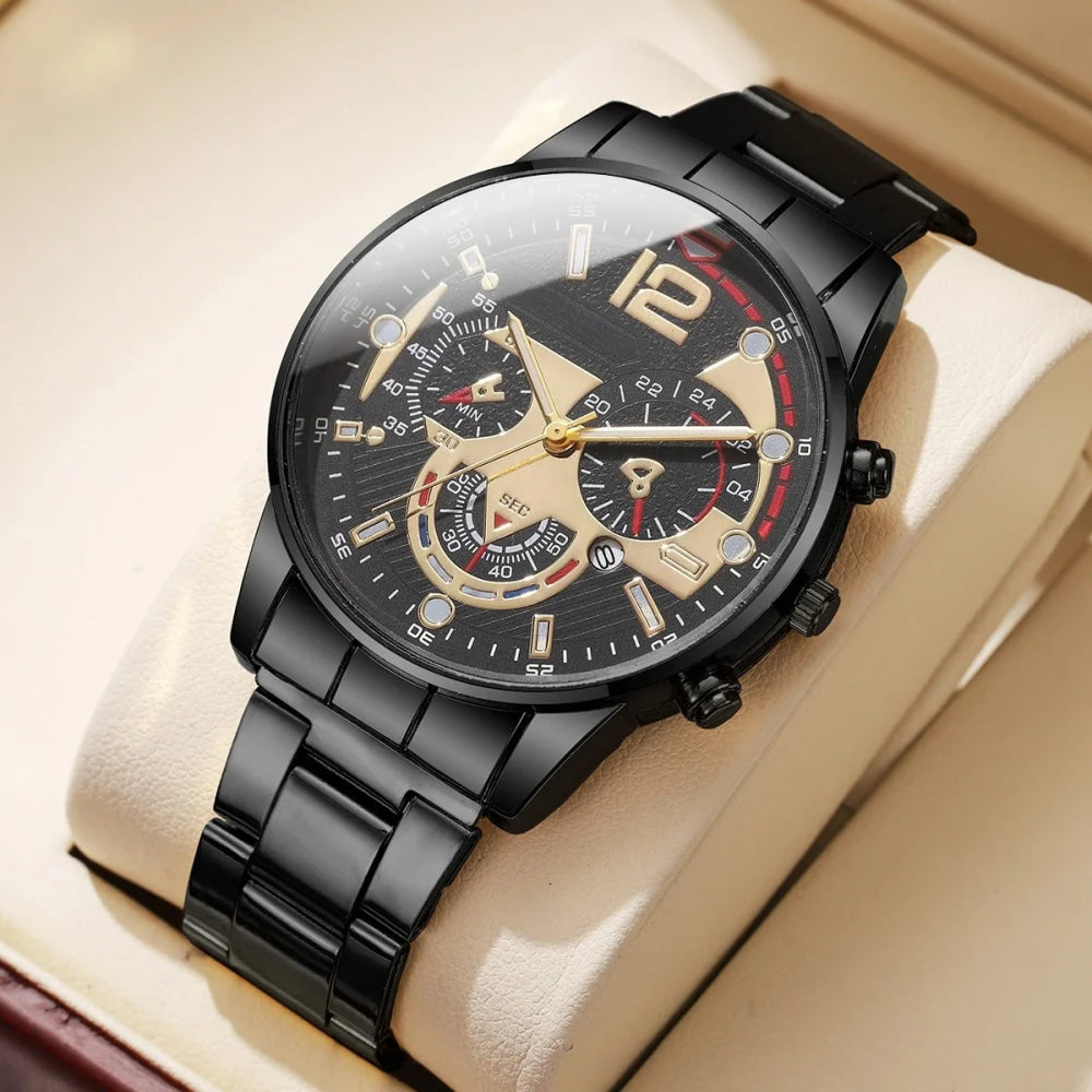 6PCS Luxury Men Business Watches Rings Set Fashion Steel Band Man Arabic Dial Quartz Wristwatch (Without Box)