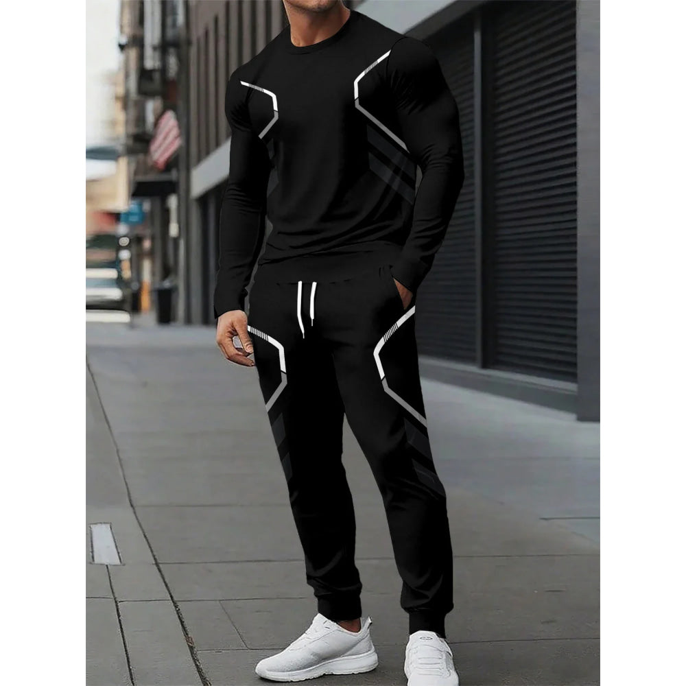 The new men's round-neck sweatshirt set for Spring and Autumn 2025 features street fashion and comfort with 3D pattern printing