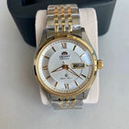 Orient Two-Tone Automatic Watch Multi-Color Dial Roman Numerals Day-Date Steel Band 50M Water Resistant Men's Classic Wristwatch