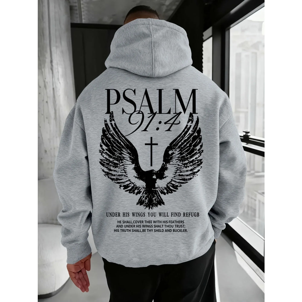 Christian Bible Verse Psalm 91:4 Print Men Women Hooded Sweatshirt Autumn Winter Outdoor Vacation Casual Loose Warm Sportswear