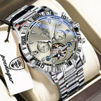 POEDAGAR Luxury Men Wristwatch Hollow Tourbillon Luminous Date Week Man Clock Automatic Mechanical Stainless Steel Men's Watches