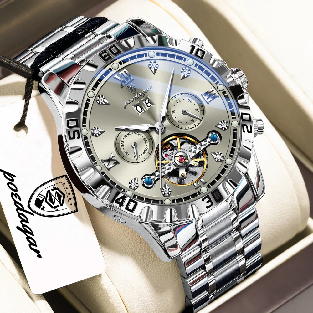 POEDAGAR Luxury Men Wristwatch Hollow Tourbillon Luminous Date Week Man Clock Automatic Mechanical Stainless Steel Men's Watches