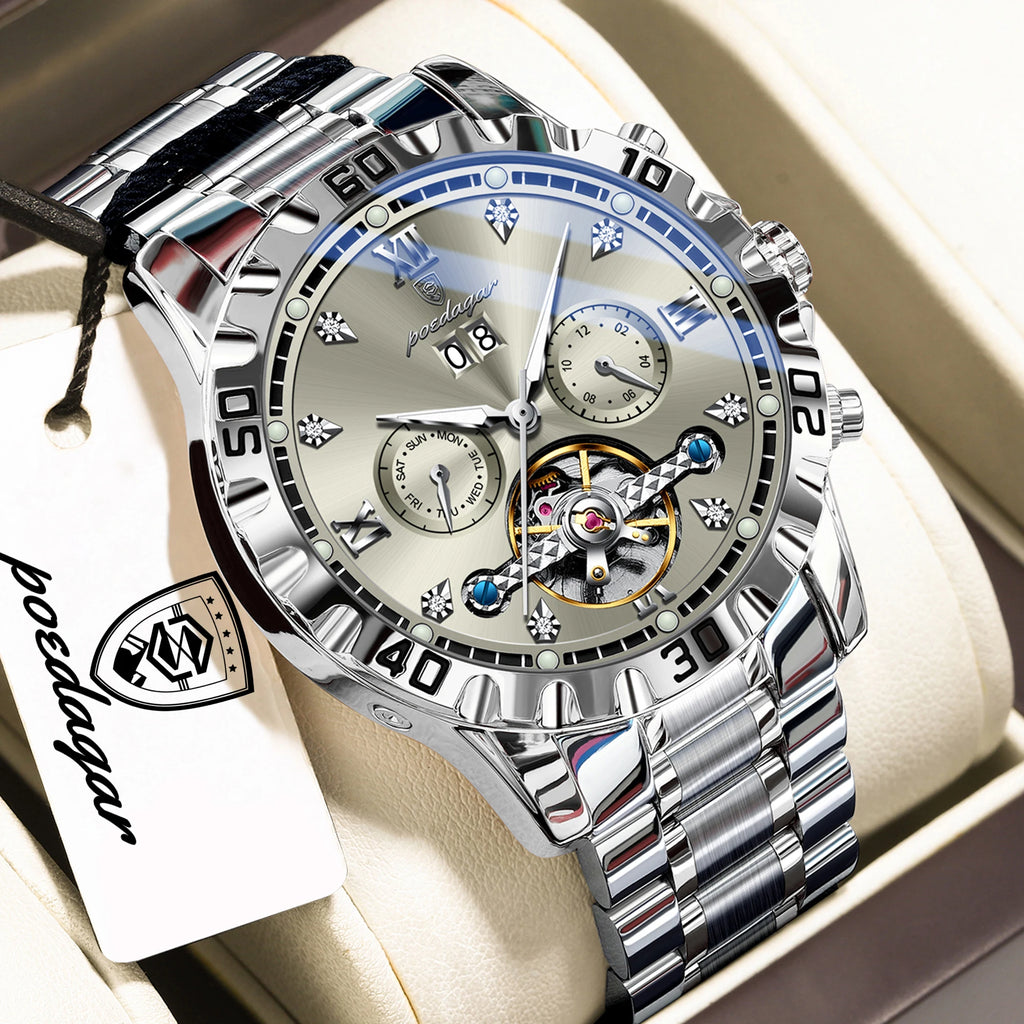 POEDAGAR Luxury Men Wristwatch Hollow Tourbillon Luminous Date Week Man Clock Automatic Mechanical Stainless Steel Men's Watches