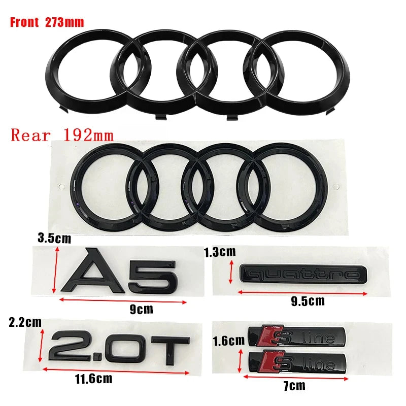 for Audi A5 2010-2019 2020-2024 2.0T S Line Quarrto Sticker 4Ring ABS 192mm 273mm 249mm Car Front Emblem Rear Trunk Decoration