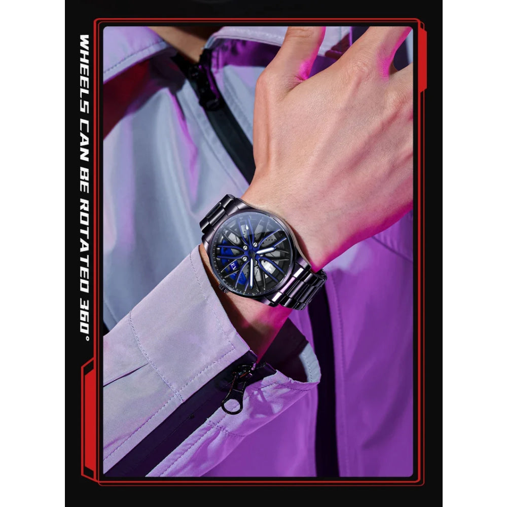 OLEVS Mens Watch Quartz Watch Original Rotatable Wheel Hub Dial Fashion Trend Waterproof Luminous Stainless Steel Reloj 9937