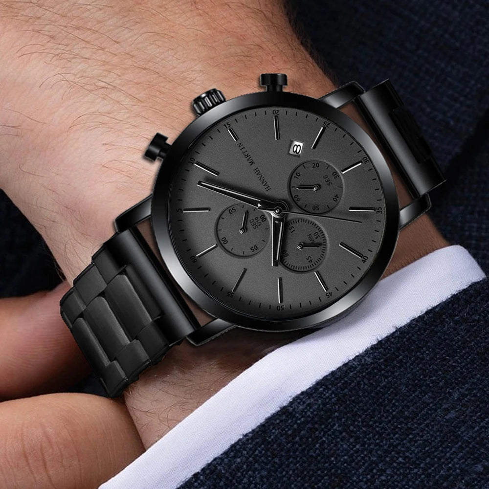 Reloj Hannah Martin Top para hombre, marca de estilo empresarial, acero inoxidable, moda, resistente al agua, deportivo, reloj de cuarzo multifuncional para hombre