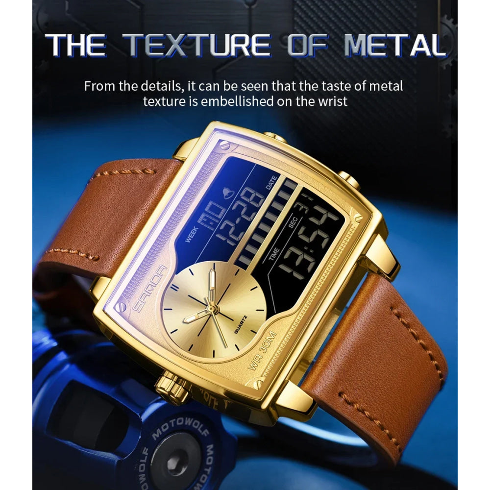 SANDA 6163 Fashion Trend Men's Quartz Watch Fashion Square Watch Countdown Sports Waterproof Dual Display Digital Men's Watches
