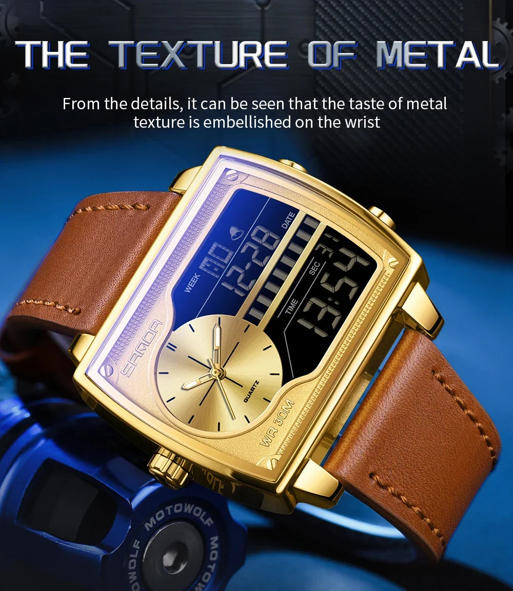 SANDA 6163 Fashion Trend Men's Quartz Watch Fashion Square Watch Countdown Sports Waterproof Dual Display Digital Men's Watches