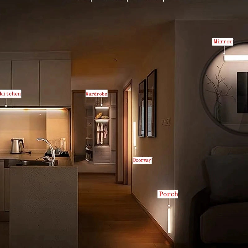 Luz LED nocturna inalámbrica con Sensor de movimiento, luz recargable tipo C para armario, lámpara de armario, retroiluminación de escalera para cocina LED