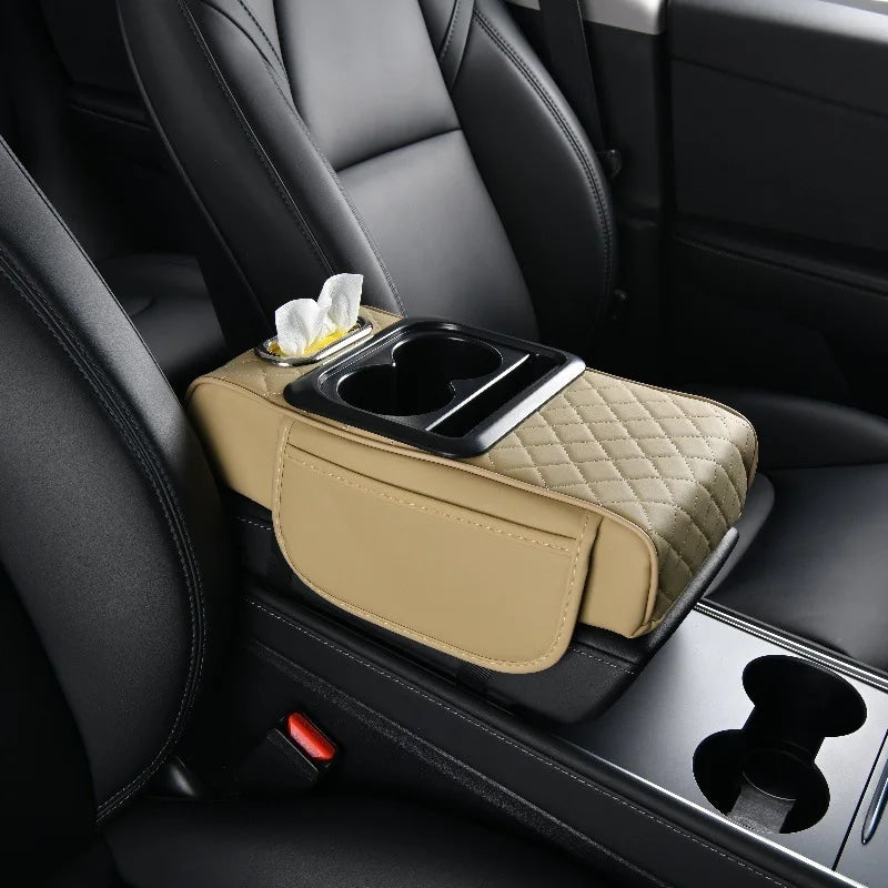 Reposabrazos para Coche 5 en 1: Caja para Pañuelos, Portavasos, Bolsa de Almacenamiento Multifuncional, Almohadilla Elevadora y Cojín con Bolsillo