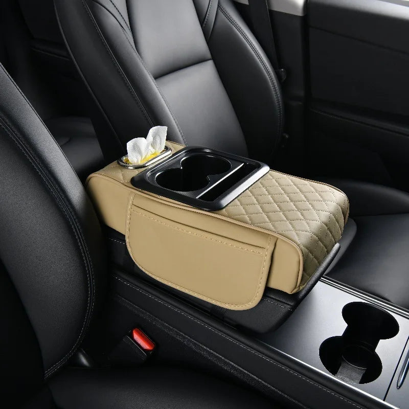 Reposabrazos para Coche 5 en 1: Caja para Pañuelos, Portavasos, Bolsa de Almacenamiento Multifuncional, Almohadilla Elevadora y Cojín con Bolsillo