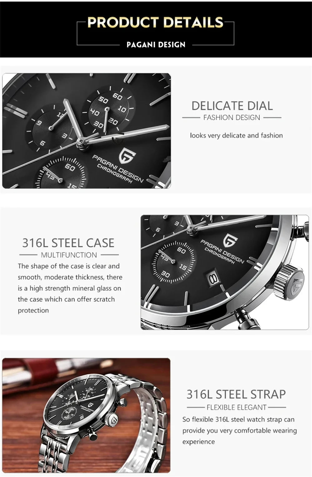 Pagani Design Fashion Luxury Men's Quartz Chronograph Watch Japan VK67 Movement Leather Strap Large Calendar PD-2720K reloj