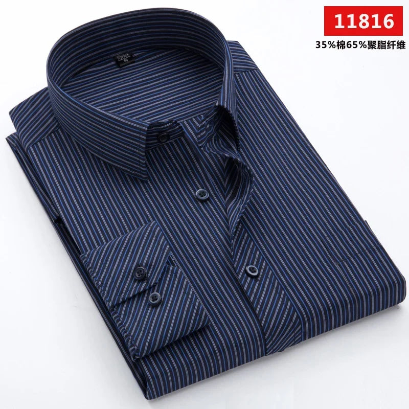 Men's long-sleeved shirt loose version flat hem striped business formal middle-aged and elderly straight shirt
