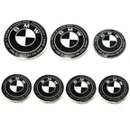 Car Black White BMW Logo Front Hood Emblem 82mm Rear Badge 74mm Wheel Hub Cap 60mm steering wheel sticker 45mm Accessories