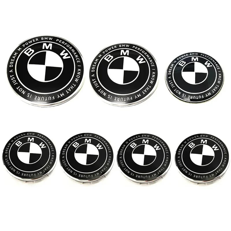 Car Black White BMW Logo Front Hood Emblem 82mm Rear Badge 74mm Wheel Hub Cap 60mm steering wheel sticker 45mm Accessories