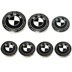 Car Black White BMW Logo Front Hood Emblem 82mm Rear Badge 74mm Wheel Hub Cap 60mm steering wheel sticker 45mm Accessories
