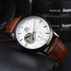 Orient automatic mechanical unisex watch with hollowed out personalized dial, fully functional world time leather strap