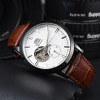 Orient automatic mechanical unisex watch with hollowed out personalized dial, fully functional world time leather strap