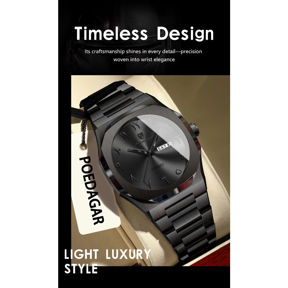 POEDAGAR Military Watch For Men Waterproof Luxury Week Calendar Man Wristwatch Quartz Stainless Steel Fashion Men's Watches Male