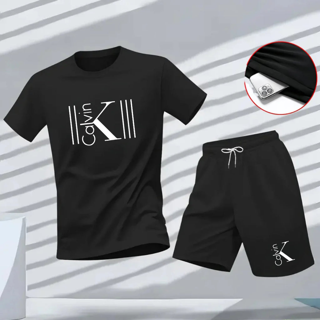 "2025 Men's Breathable sports pattern Printed T-shirt Casual Fashion short-sleeved T-shirt Summer streetwear top Two-piece set.