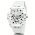 GUESS Watches for Men Original Luxury Skeleton White Tonneau Multifunction Quartz Chronograph Silicone Strap Fashion Sport Wrist