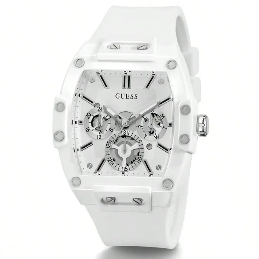 GUESS Watches for Men Original Luxury Skeleton White Tonneau Multifunction Quartz Chronograph Silicone Strap Fashion Sport Wrist