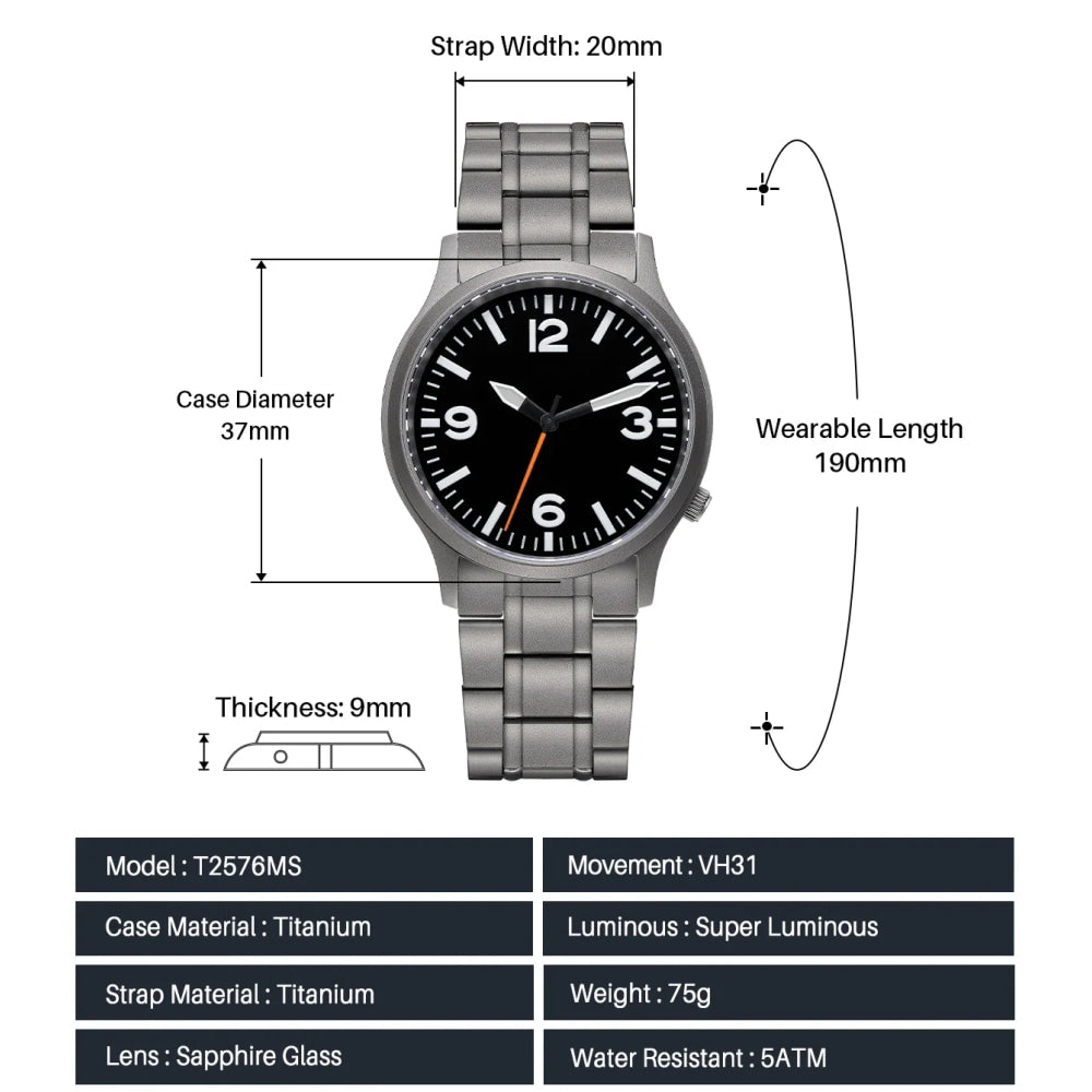 BERNY Full Titanium Watches for Men Super Luminous Sapphire Sports Field Quartz Men's Watch VH31 Wristwatch 5ATM Easy Read