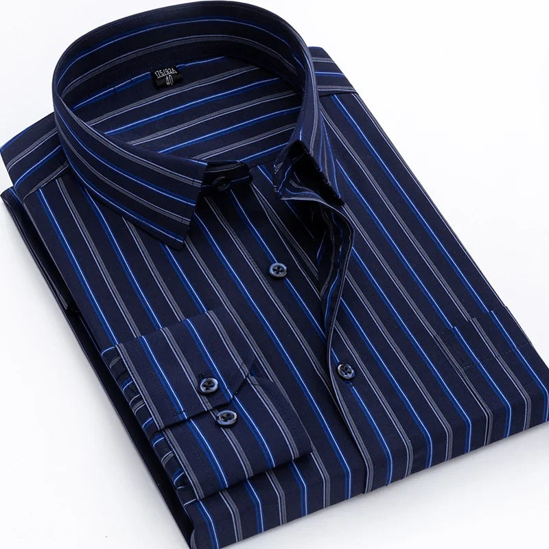 Men's long-sleeved shirt loose version flat hem striped business formal middle-aged and elderly straight shirt