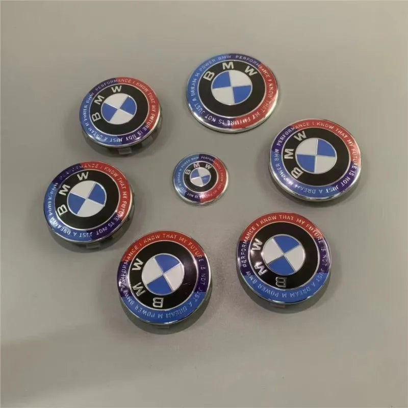 1/4/7Pcs Car Wheel Hub Center Cover Steering Wheel Center Sticker Auto Front Hood Trunk Logo For BMW 50th anniversary E36 E39