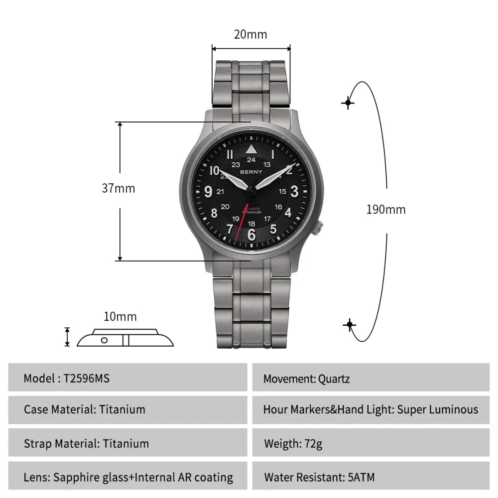 BERNY Full Titanium Watches for Men Outdoor Quartz Men's Field Wristwatch VH31 Super Luminous Sapphire Easy Read Watch