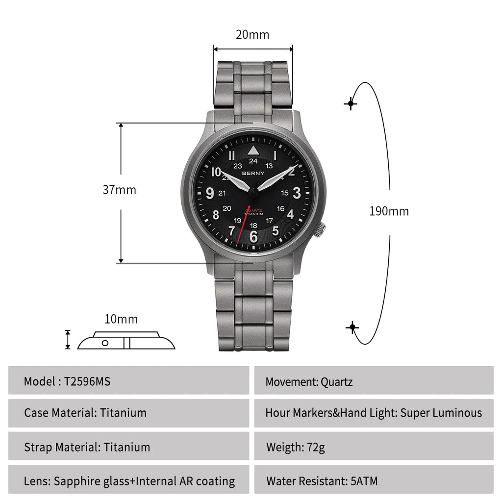 BERNY Full Titanium Watches for Men Outdoor Quartz Men's Field Wristwatch VH31 Super Luminous Sapphire Easy Read Watch