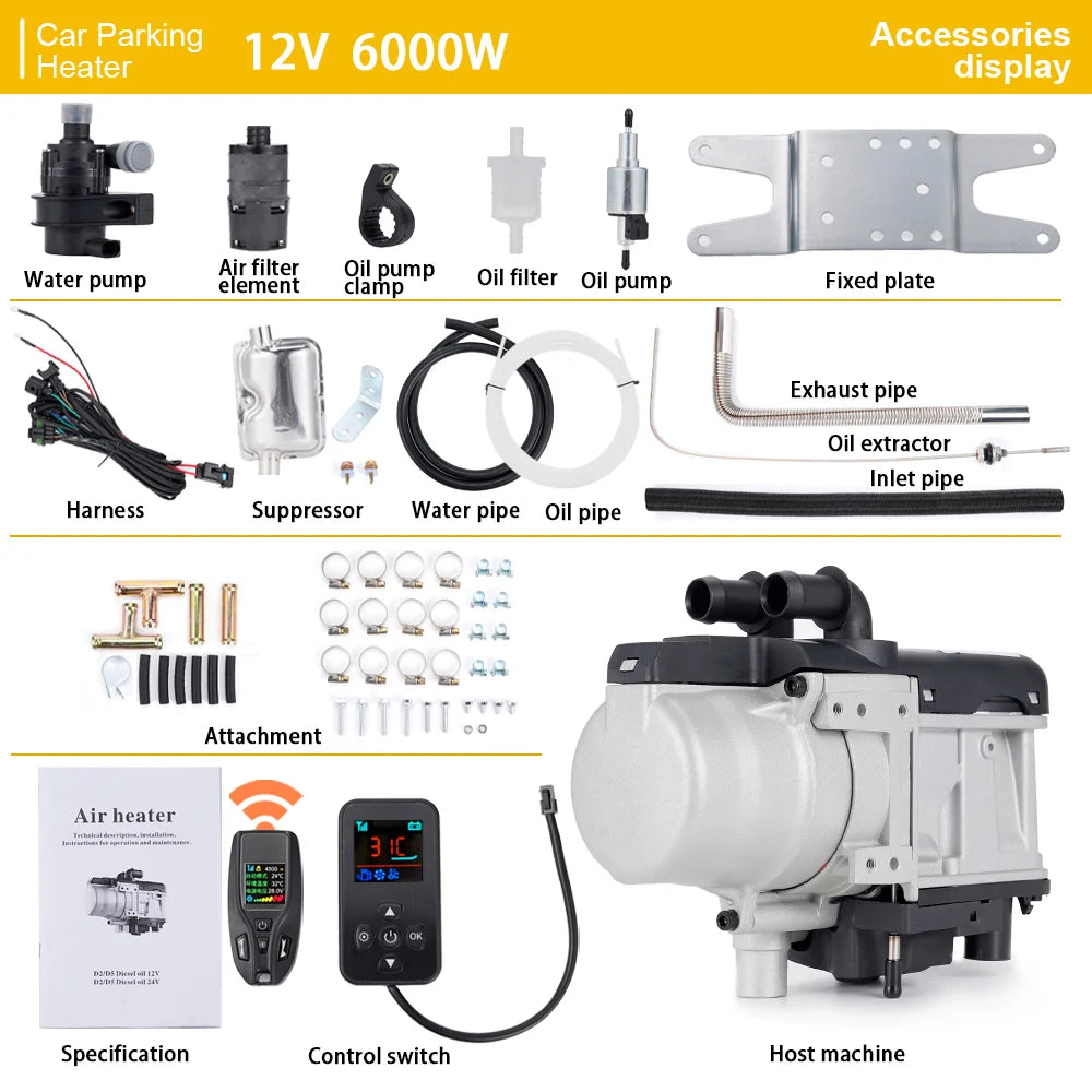 12V 6KW Diesel Fuel Liquid Heater Gasoline Preheater LCD Switch Silencer +Water Pump Parking Heating Device For Trucks Van Car