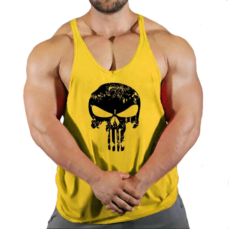 Mens Bodybuilding Faux Cotton Tank Top Gym Fitness Sports Sleeveless Top Skull Print Breathable Tank Top Mens Summer Tank Top