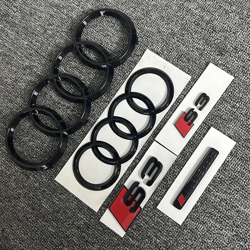 2PCS 4Ring logo ABS Black Car Hood Front Grill Emblem Rear Trunk Badge Sticker 2P S3 1P Audi Sport For AUDI S3 2010-2020