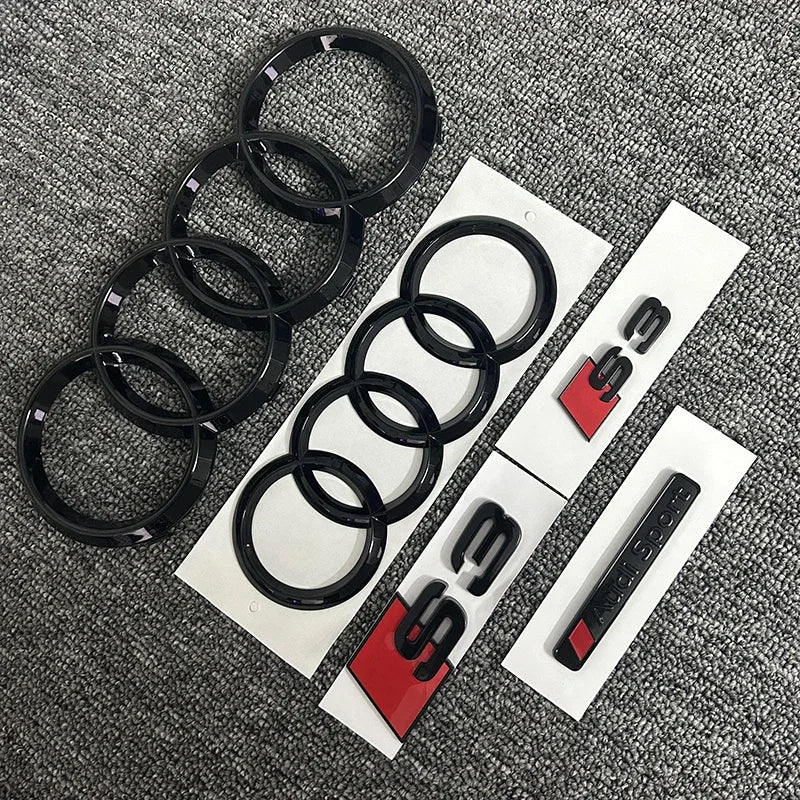 2PCS 4Ring logo ABS Black Car Hood Front Grill Emblem Rear Trunk Badge Sticker 2P S3 1P Audi Sport For AUDI S3 2010-2020