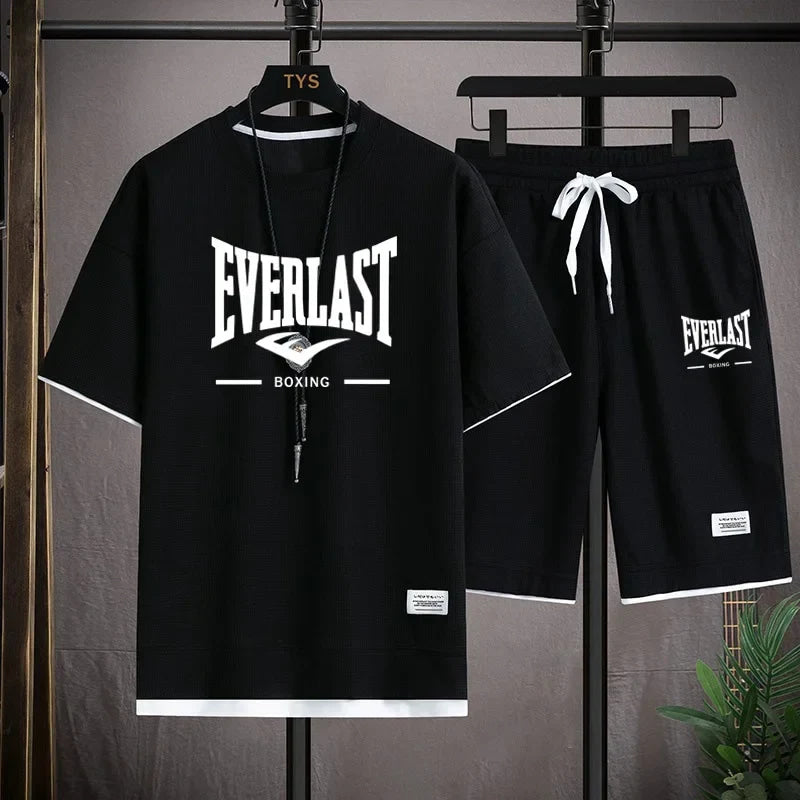 2026 Men's summer suit high quality round neck men's T-shirt 2 pieces shorts running quick dry leisure quick dry.