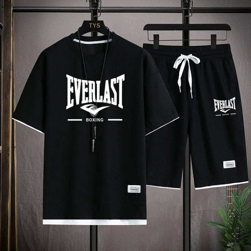 2026 Men's summer suit high quality round neck men's T-shirt 2 pieces shorts running quick dry leisure quick dry.